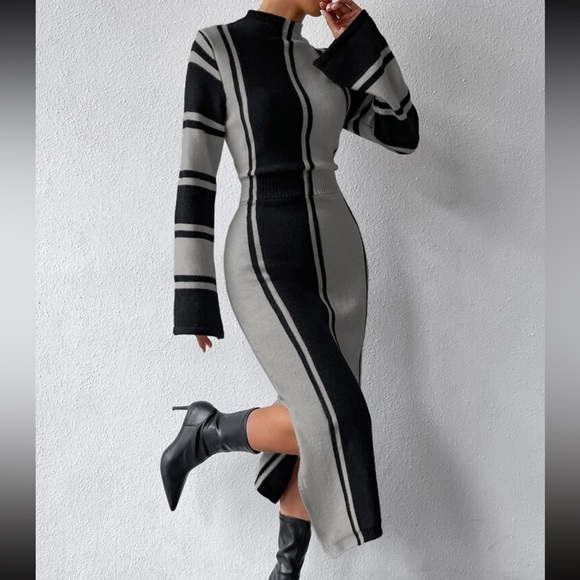 Cozy Striped Pattern Slit Hem Sweater Dress - Picture 7 of 7